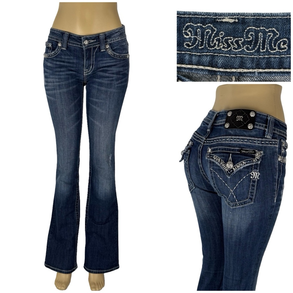 Miss Me Womens 27 Jeans Signature Boot Blue Cotton Blend Distressed Thick Stitch